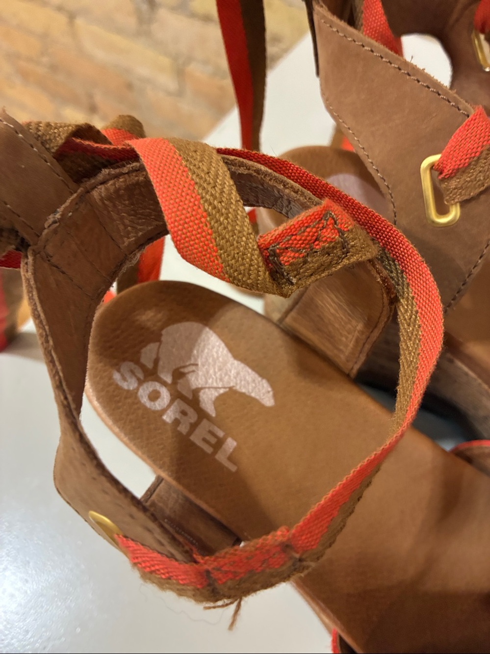 Sorel Joanie II High Ankle Orange Wedge Sandals with Ankle Tie - Picture 7 of 9